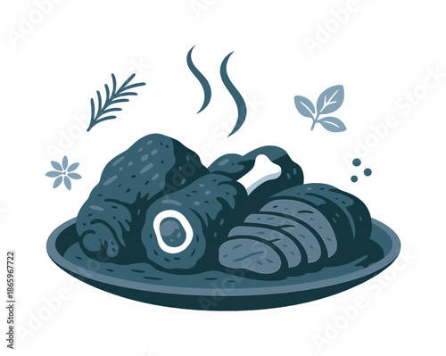 Rustic Braised Meat Platter. Braised meat platter. A rustic platter features an assortment of braised cuts, steam rising in relaxed curves. Herb and spice