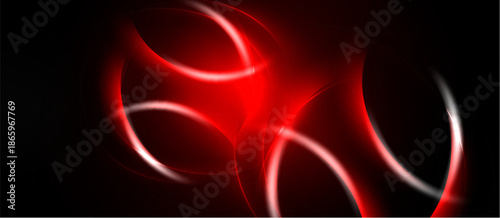 Abstract red design features flowing curves, bright highlights. Dark background emphasizes luminous shapes, creating dynamic visual effect.