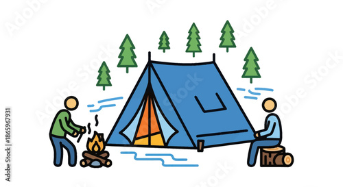Two people enjoying a camping trip with a tent and campfire in a forest setting.