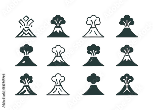 Volcano Logo Variations. Volcanic eruption. Icon set. Set Logo of Volcanic eruption: island volcano. harmonious logo variations of the same emblematic concept,