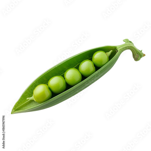 Green Pea Pod Contains Six Round Peas on a White Background in a Kitchen Setting