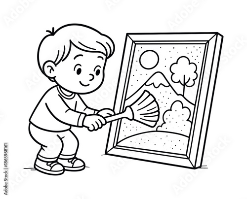 Children Restoring Art. Restoring old paintings children?s coloring book illustration, outlined drawing, child gently dusting an old framed picture with a soft