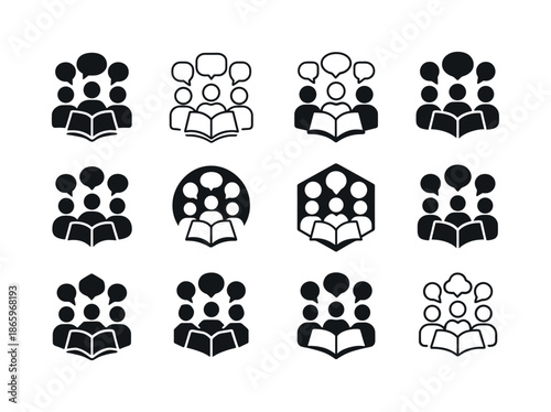 Book Club Icons. A group of friends discussing a book in a book club meeting. Icon set. Set Logo of a group of friends discussing a book in a book club