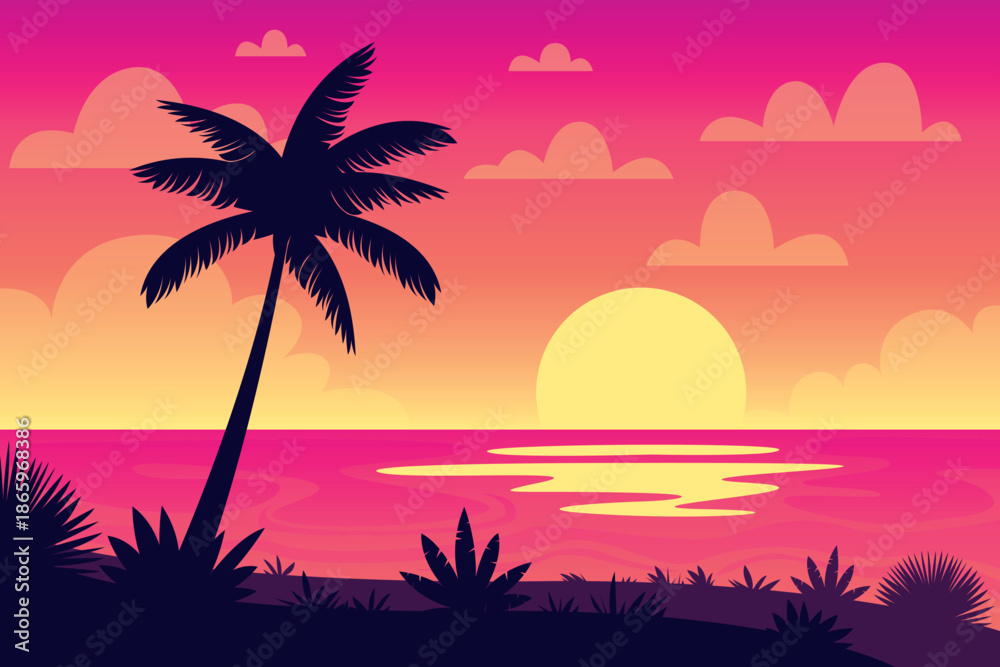 Obraz premium Tropical Sunset with Palm Tree Silhouette Over Ocean Palm Tree Silhouette at Tropical Ocean SunsetColorful Tropical Beach Sunset IllustrationExotic Island Sunset with Palm Trees