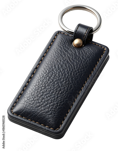 Black rectangular leather keychain Isolated on transparent or white, Cut out