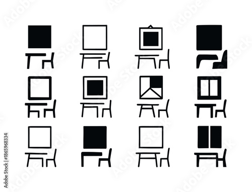 Minimalist Room Icons. Designing a minimalist room. Icon set. Set Logo of designing a minimalist room: framed art rectangle. harmonious logo variations of the
