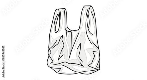 Hand-drawn illustration of a crumpled white plastic shopping bag with handles.