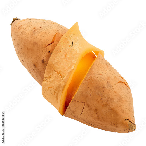 Sweet Potato With Part of the Skin Removed on a White Background in Bright Li...