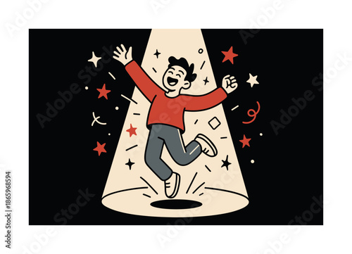 Joyful Spotlight Leap. Spotlight celebration. A joyful leap lands directly in the light?s center; floating stars and shapes flicker around. The scene feels