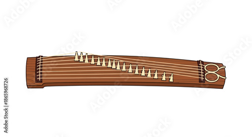 Traditional Japanese Koto Instrument with Multiple Strings and Bridges.