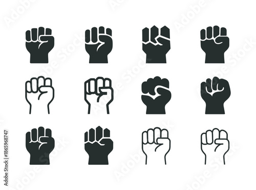 Champion Mindset Icons. The champion mindset. Icon set. Set Logo of The champion mindset: raised fist. harmonious logo variations of the same emblematic