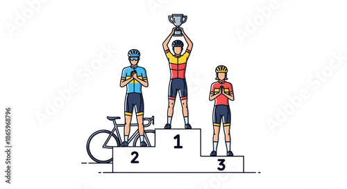 Cyclists celebrating victory on a podium with a trophy.