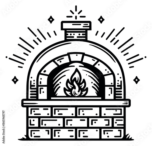 Graphic line art illustration of a pizza oven depicting a burning fire inside for restaurant or pizzeria branding