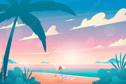 Tropical Beach Sunset with Umbrella and Palm Tree Illustration
Summer Tropical Beach Landscape Illustration

Peaceful Beach Sunset with Palm Tree Background

Vacation Beach Scene with Umbrella 