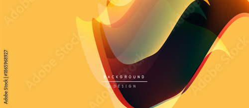 Abstract fluid shapes overlap, creating dynamic composition. Warm yellow background contrasts cool tones within flowing forms. Modern design element.