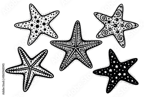 Hand drawn line art starfish set featuring five distinct marine animals with decorative patterns for summer designs