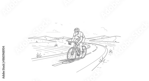 Cyclist riding on a winding road sketch illustration.