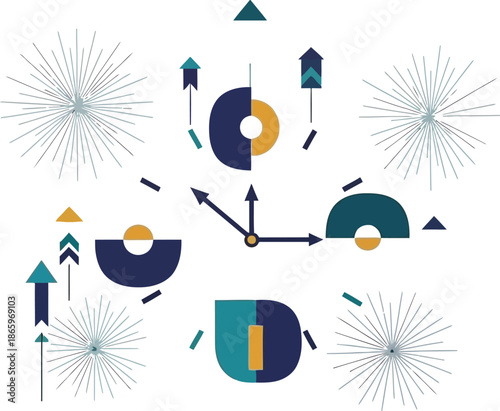 Abstract celebration concept featuring stylized clock hands pointing toward abstract festive shapes and upward launching rocket icons against a clean white background.