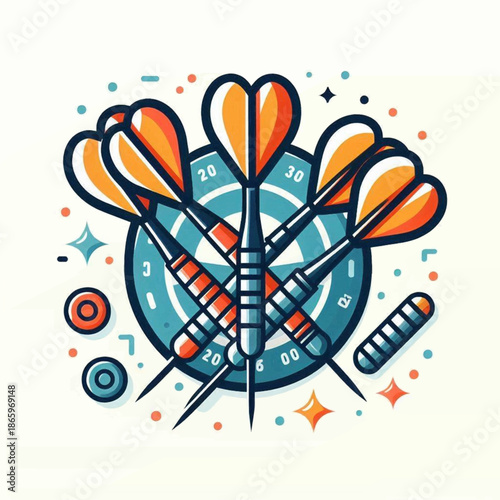 A dartboard with five darts stuck in it surrounded by shapes and stars