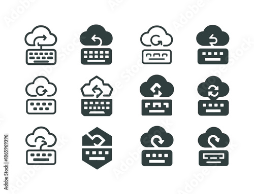 Smart Workspaces Icon Set. Smart Workspaces. Icon set. Set Logo of Smart Workspaces: wireless keyboard and cloud-sync symbol. harmonious logo variations of the