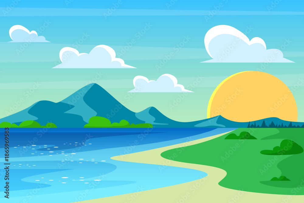 Obraz premium Sunny River Landscape with Mountains and Blue Sky Illustration Bright Nature Landscape with River and Mountains IllustrationPeaceful River Valley Landscape IllustrationGreen Nature Landscape 
