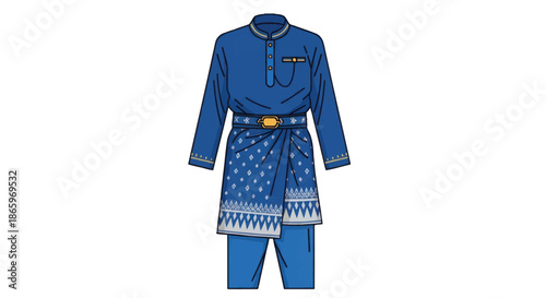 Traditional Blue Malay Baju Melayu with Sarong and Belt.
