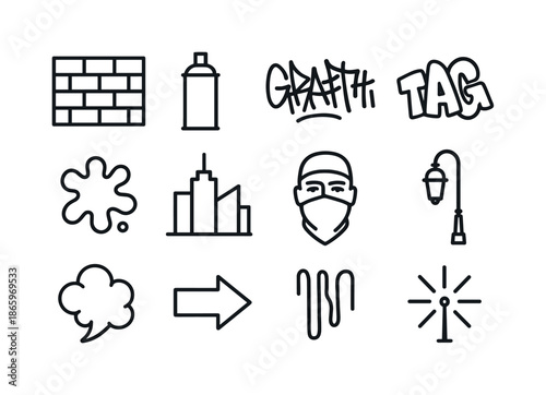Urban Graffiti Icons. Street mural. Line icon set of Street mural: brick wall, spray can, graffiti tag, bold letters, paint splatter, urban skyline, stencil