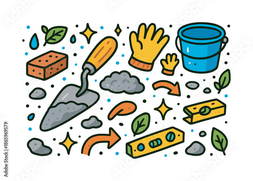 Colorful Trowel Doodle. Hand Trowel Work. Colorful Hand-drawn doodle Children illustration trowel, small brick, wet mortar, gloves, bucket, level ruler, dust
