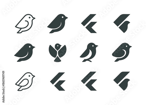 Flutter Logo Variations. Flutter. Icon set. Set Logo of Flutter: flutter bird logo. harmonious logo variations of the same emblematic concept, each with