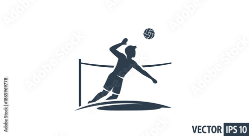 Volleyball Player Spiking Ball Over Net Silhouette.