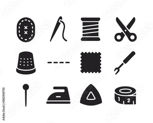 Denim Repair Icons. Denim repair. Solid icon set of denim repair: patch, needle, thread spool, scissors, thimble, stitching line, fabric swatch, seam ripper,