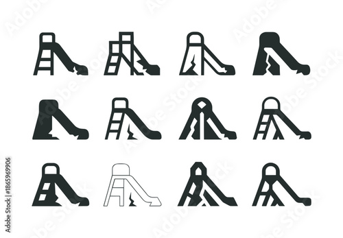 Playground Logo Variations. Dilapidated playground. Icon set. Set Logo of Dilapidated playground: cracked slide. harmonious logo variations of the same