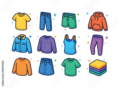 Colorful Clothing Icon Set. Clothing essentials. Colorful isometric vector icons set of clothing essentials: tee, jeans, shorts, hoodie, denim jacket, sweater,