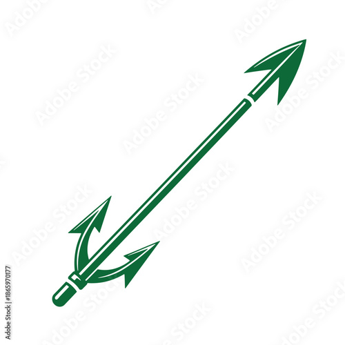 Green harpoon with three prongs on handle and barb  fishing and hunting tool