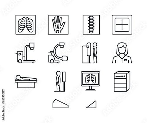 X-Ray Icon Set. Medical x-ray imaging. Line icon set of medical x-ray imaging: chest x-ray film, hand x-ray film, spine x-ray film, mobile x-ray unit, c-arm