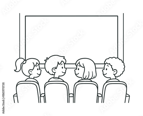 Children's Cinema Coloring. Cinema scene children?s coloring book illustration, outlined drawing, kids sitting in simple theater seats with a blank movie