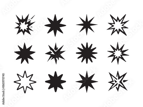 Explosive Device Icons. Explosive devices. Icon set. Set Logo of Explosive devices: hazard warning starburst. harmonious logo variations of the same emblematic