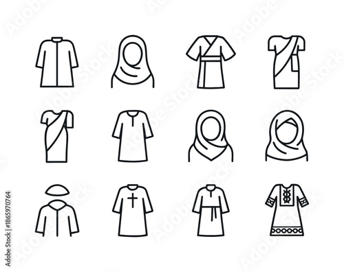 Religious Attire Icons. Religious attire and traditional clothing. Line icon set of Religious attire and traditional clothing: priest robe, hijab, kimono,