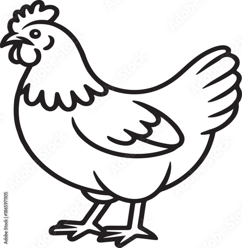 A cartoon illustration of a chicken in a simple line drawing style