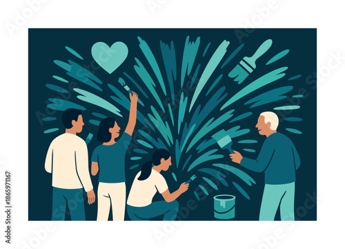 Community Mural Creation. Art and community. Neighbors painting a shared mural together; bright strokes bursting outward. Floating heart and brush icons