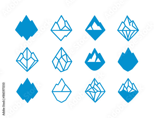 Arctic Logo Variations. Arctic. Icon set. Set Logo of Arctic: iceberg with sharp geometric peaks. harmonious logo variations of the same emblematic concept,