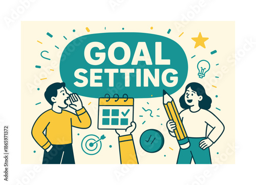 Goal Setting Celebration. Goal setting banner, flat vector illustration, bold oversized text inside rounded blob banner shape, cartoon characters standing and