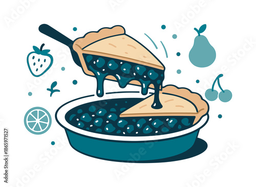 Fruit Pie Slice. Fruit pie slice. A slice lifts from a pie dish with gooey filling stretching in glossy ribbons, surrounded by playful fruit icons. Cozy