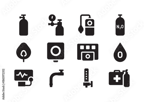 Medical Gases Icons. Medical gases. Solid icon set of Medical gases: oxygen tank, medical regulator, anesthesia gas icon, nitrous oxide cylinder, respirator