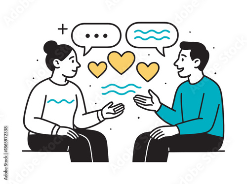 Empathy in Conversation. Mental health awareness ? open conversation. Two figures sit facing each other with soft speech bubbles floating between them; hearts