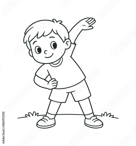 Child's Warm-up Coloring. Warm-up routine children?s coloring book illustration, outlined drawing, child doing a simple warm-up before play or exercise to