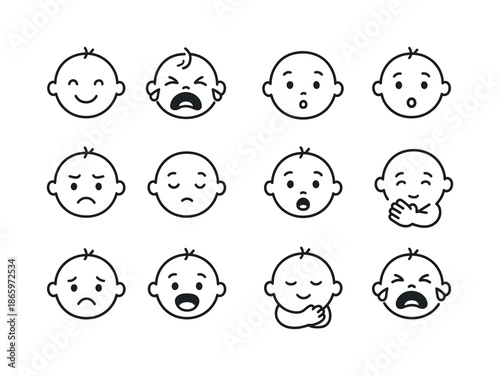 Baby Emotion Icons. Baby emotions. Line icon set of baby emotions: happy face, crying baby, surprised baby, giggling face, fussy mood, sleepy eyes, scared