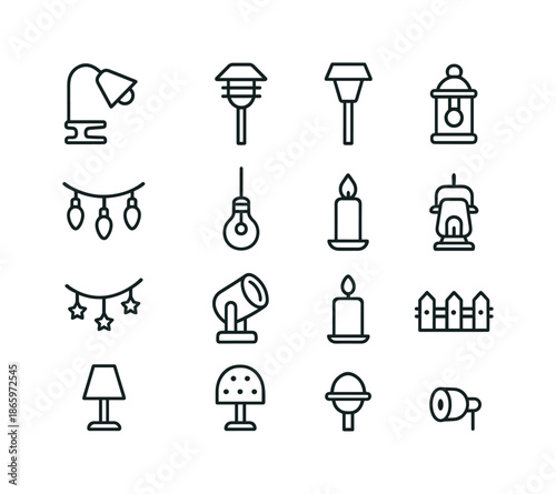 Plant Lighting Icons. Plant lighting accessories. Line icon set of Plant lighting accessories: clip light, stake light, solar light, string light, hanging