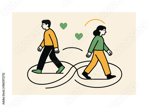 Evolving Bonds. Friendships and life transitions ? growing apart and reconnecting. Two figures walk in opposite directions, their paths looping back to meet;