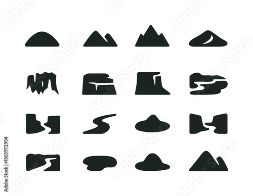 Natural Landforms Icons. Natural landforms. Solid icon set of Natural landforms: hill, valley, mountain, dune, glacier, plateau, cliff, lake shore, canyon,